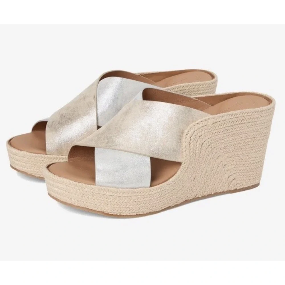 $189 Gentle Souls Porto 7.5 Slide Sandals Wedge Leather Silver Gold Espadrilles
